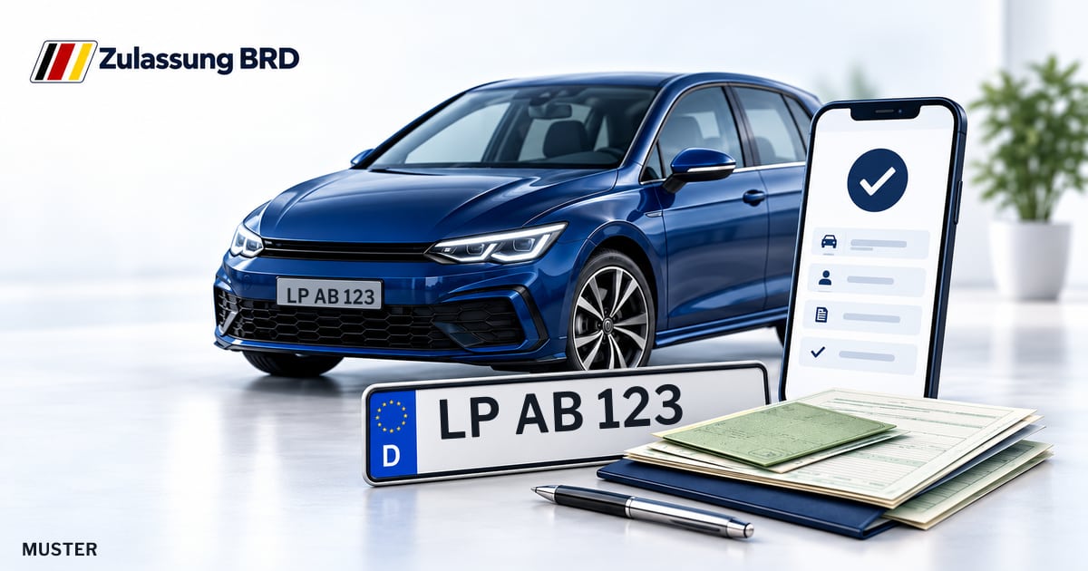 Online Fahrzeugzulassung in Warstein: Musterkennzeichen LP AB 123, Auto und Fahrzeugpapiere und Smartphone. Illustration mit Logo von Zulassung BRD.